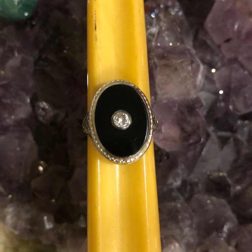 Victorian 14k Solid WG Diamond @ Black Onyx Ring😎